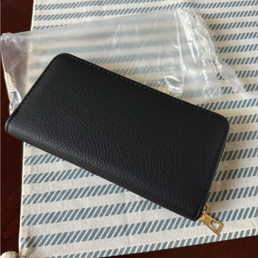 Black Leather Wallet with Gold Zipper